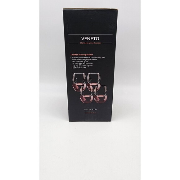 4 Venetian Stemless Wine Glasses NIC & SYD Home Clear Mouth Blown Glass 18 Oz - Picture 9 of 13